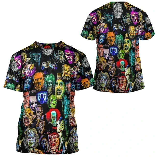 Halloween all horror movie characters 3D Print O-Neck Tshirt Men Casual Short Sleeve Oversized Harajuku Unisex Clothing