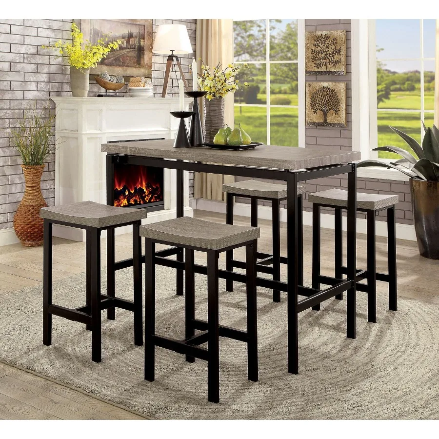 

5 Pc Counter Height Table Set Two Tone Design Black Gray Dining Chairs Sturdy Metal Construction PVC Plastic Top Dining Room Fu