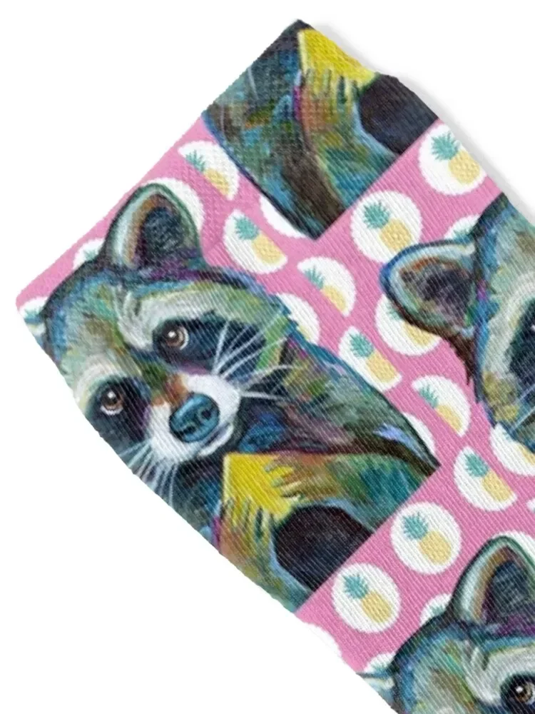 Cute RACCOON with Pineapple Pink Background Socks Stockings compression custom valentine gift ideas hiphop Socks Ladies Men's