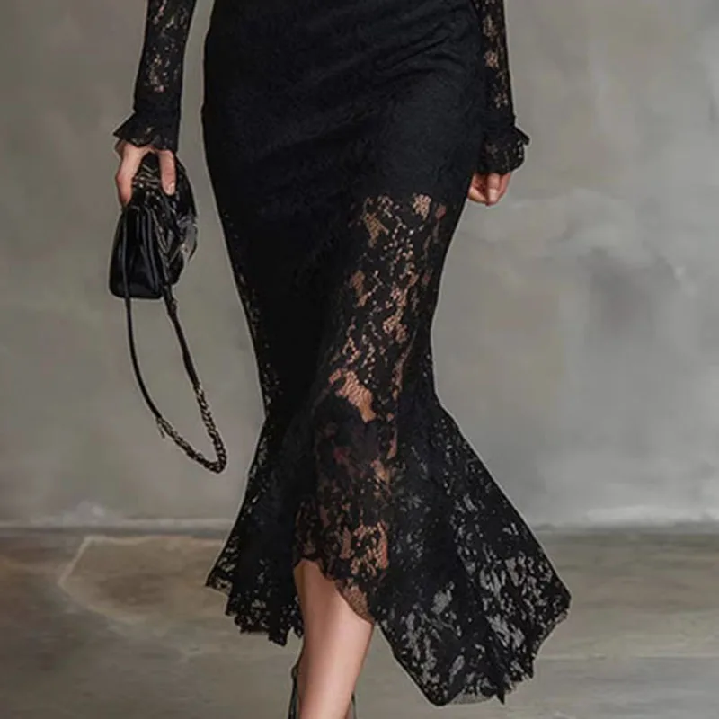 ชุดเดรสทรงเมอร์เมดผ้าลูกไม้เซ็กซี่ โชว์ชายกระโปรง  คอเต่า  ทรงเข้ารูป  แขนยาว  สำหรับงานปาร์ตี้  ฤดูใบไม้ผลิ/ฤดูใบไม้ร่วง