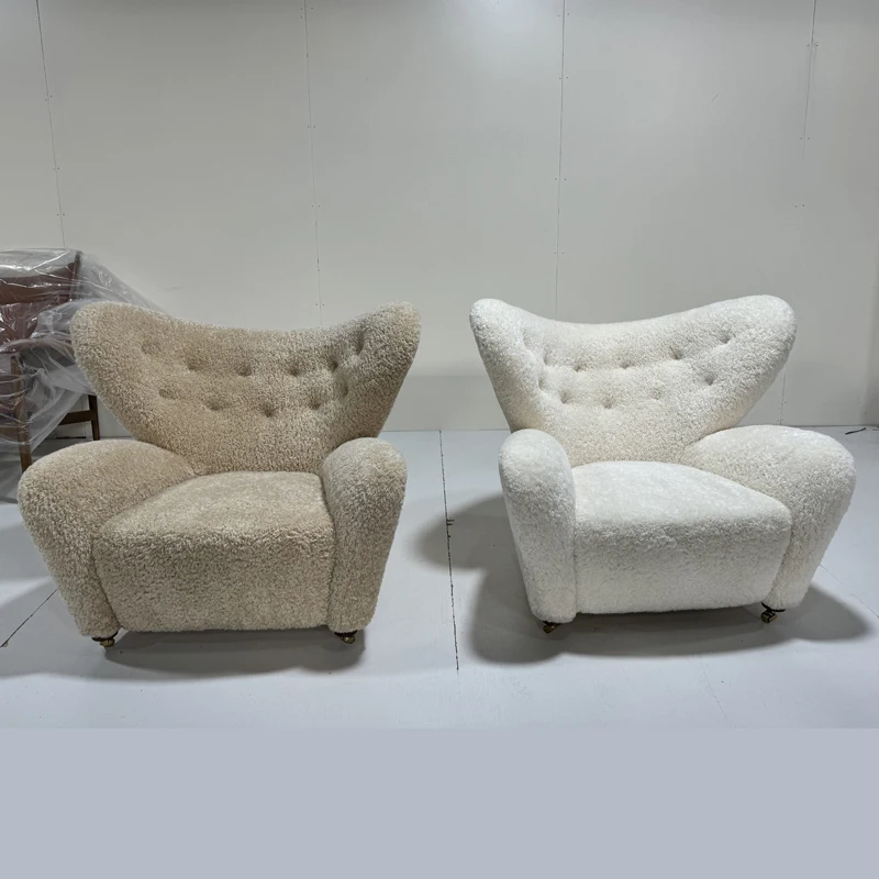 

Armrest Single Plywood Leisure Chair White Lamb Wool Fabric Living Room Lounge Chair