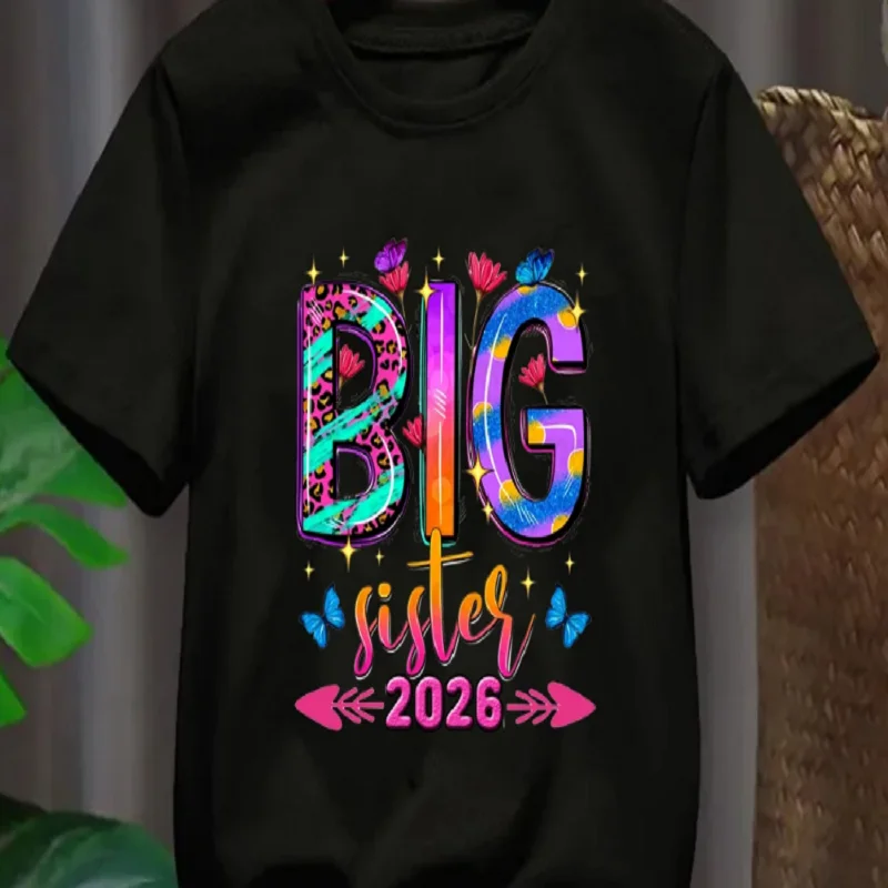 Boys Girls Big Sister 2026 Butterfly Leopard Print T‑Shirt Short Sleeve O‑Neck Casual Loose Kids Celebration Daily Tees Tops