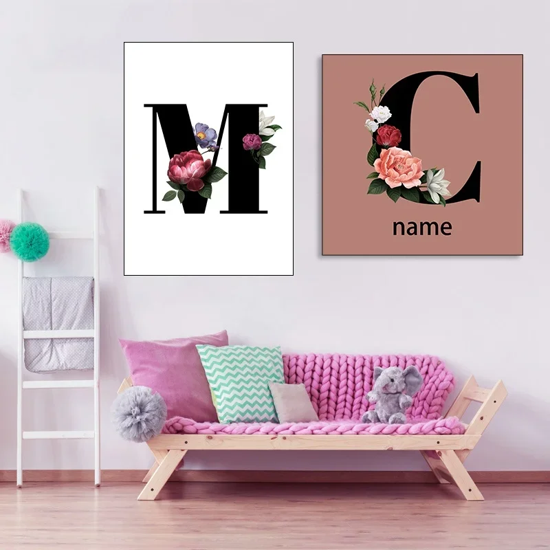 Póster en lienzo con nombre personalizado de flores creativas a-z, 26 letras, impresiones artísticas, imágenes, carteles artísticos de pared para guardería, decoración para dormitorio de bebés y niños