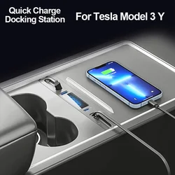 Estación de acoplamiento de carga rápida para Tesla, USB Hub, consola central, PD tipo C, 4 puertos con Cable retráctil para Tesla Model 3 Y, 27W