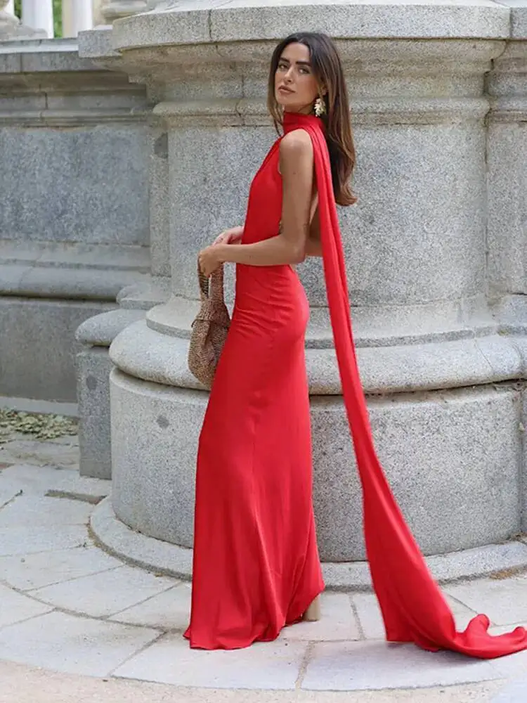 Ribbon Hanging Neck Long Dresses Women Printed Sleeveless Backless Slim High Waist Halter Party Dress 2025 New Hip Package Robe