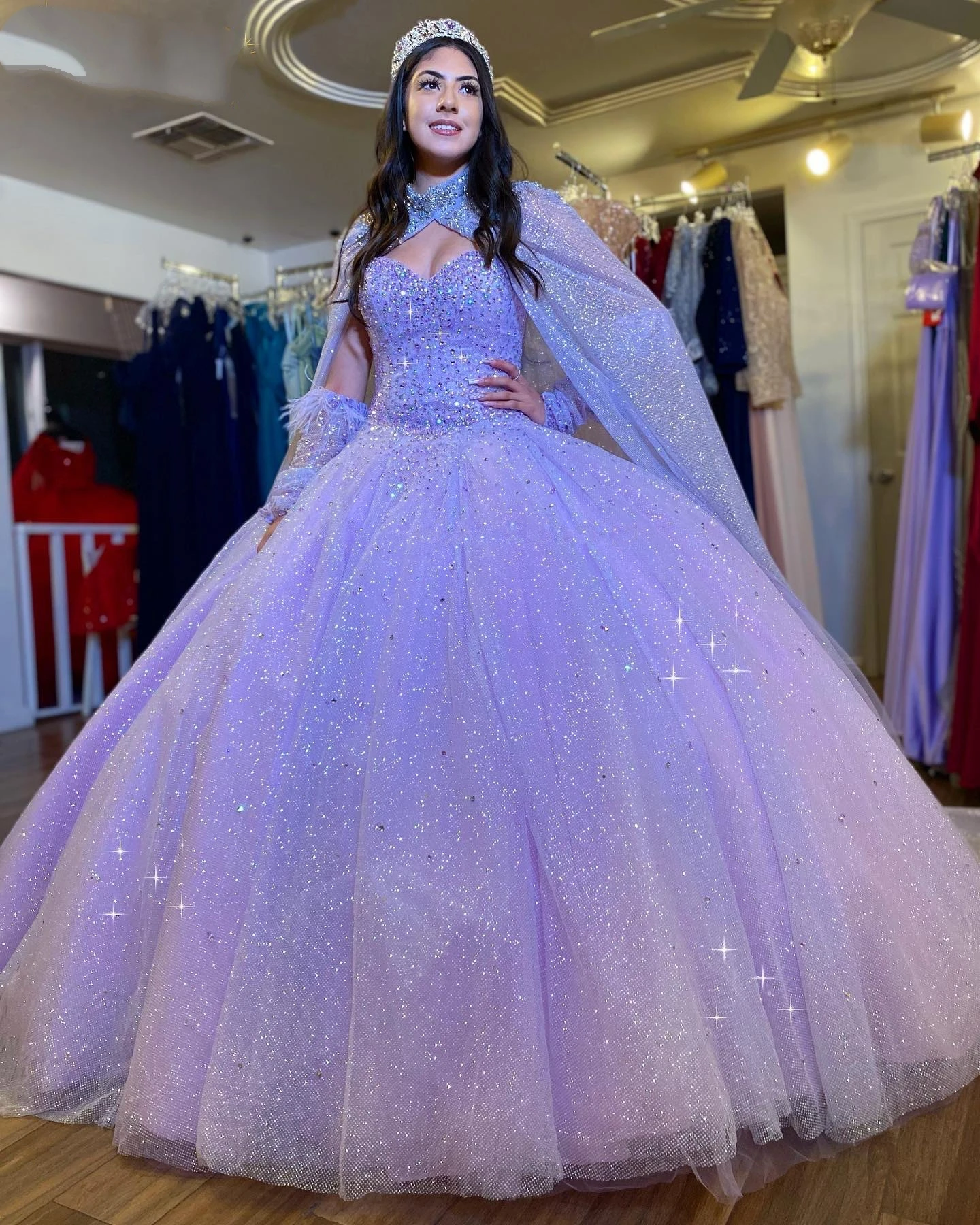 

Lilac Quinceanera Dress 2022 Cape Sparkling Crystals Sequin Ballgown Sweetheart Sweet 15 16 Gowns Detachable Sleeves Quince