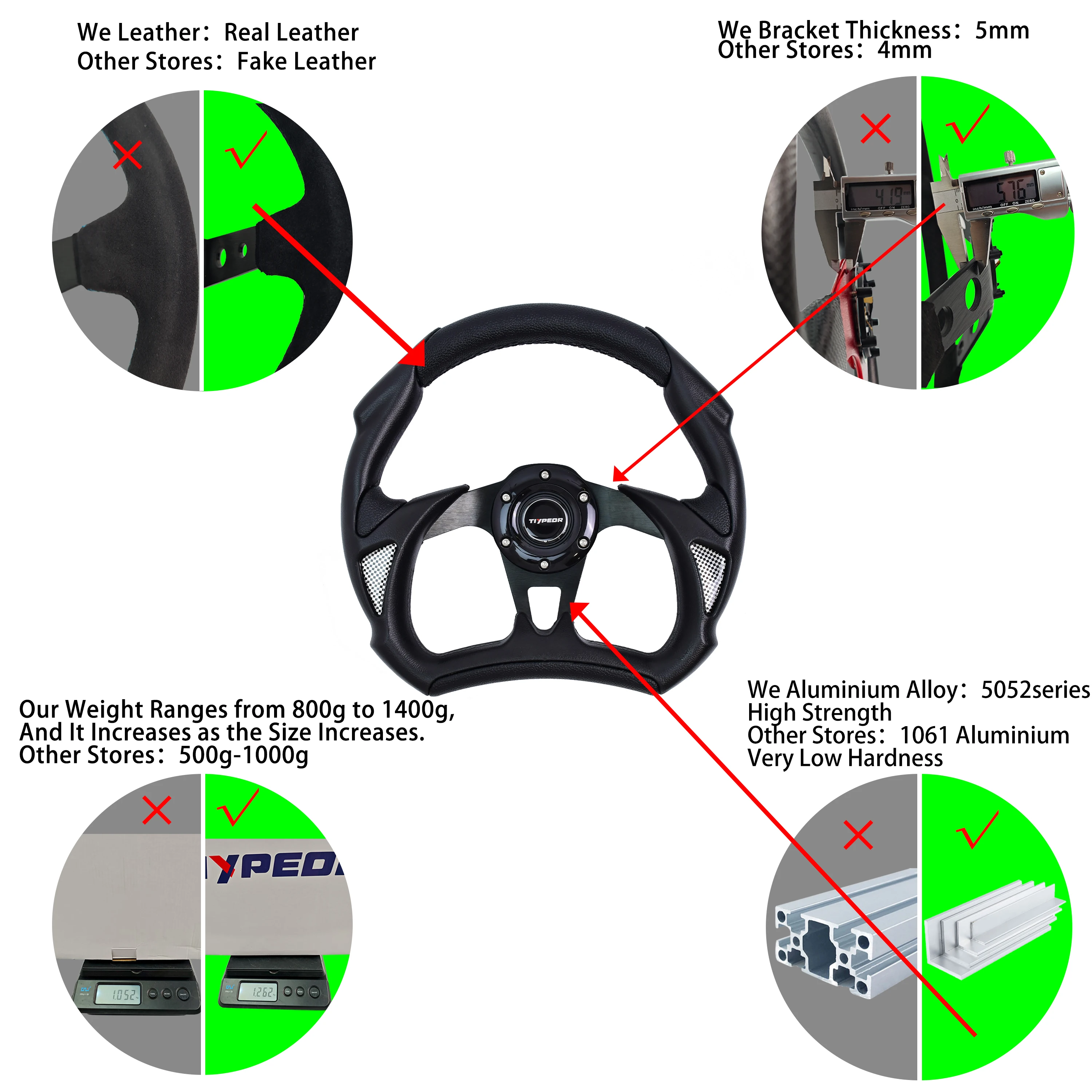 عجلة قيادة رياضية على شكل حرف D من مادة PVC عالمية حديثة 320 مم 45 مم مع قرن #5