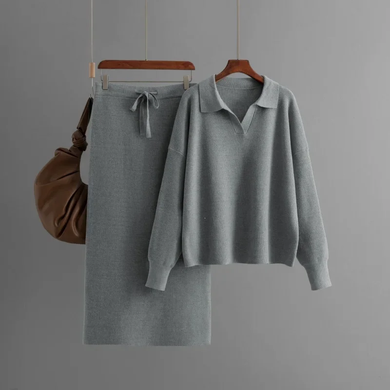 Autumn Winter Women Knit Polo Collar Pullover Pant Sets Elegant Sweater Tops Two Piece Sets Womens Outifits Loose Female Clothes