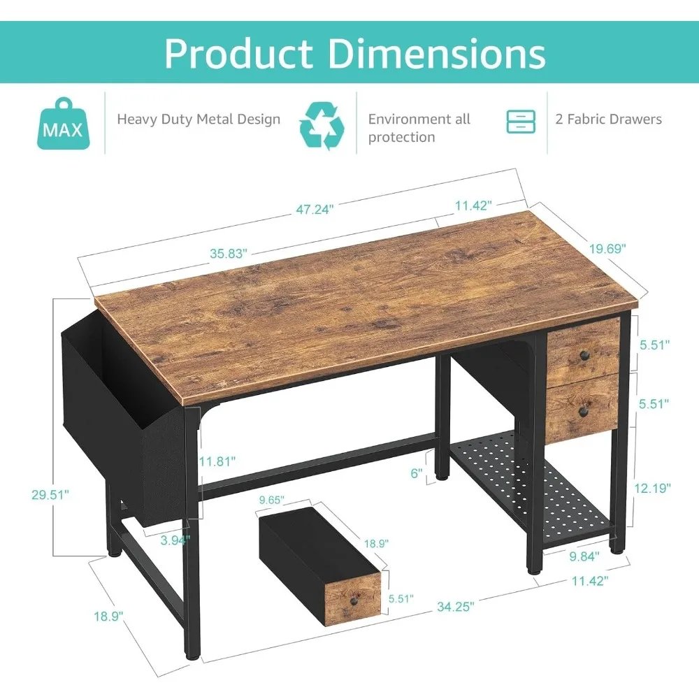 Modern 47 Inch Compact Computer Desk with Fabric Drawers for Home Office, Ideal for Small Spaces and Study Writing Needs