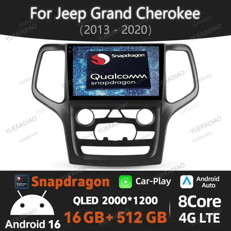 Radio para Auto Android 16 para Jeep Grand Cherokee WK2 2013-2019, Multimedia 5G WIFI, Carplay Inalámbrico, Auto LTE, Navegación, Qualcomm