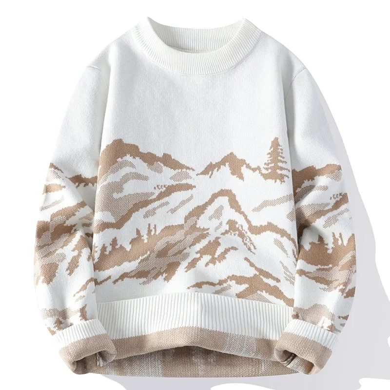 M-XXXL Plus Size Mens Mountain Printing Crew Neck Jumper Sweater Pullover Top Spring Autumn Casual Streetwear Clothing for Man