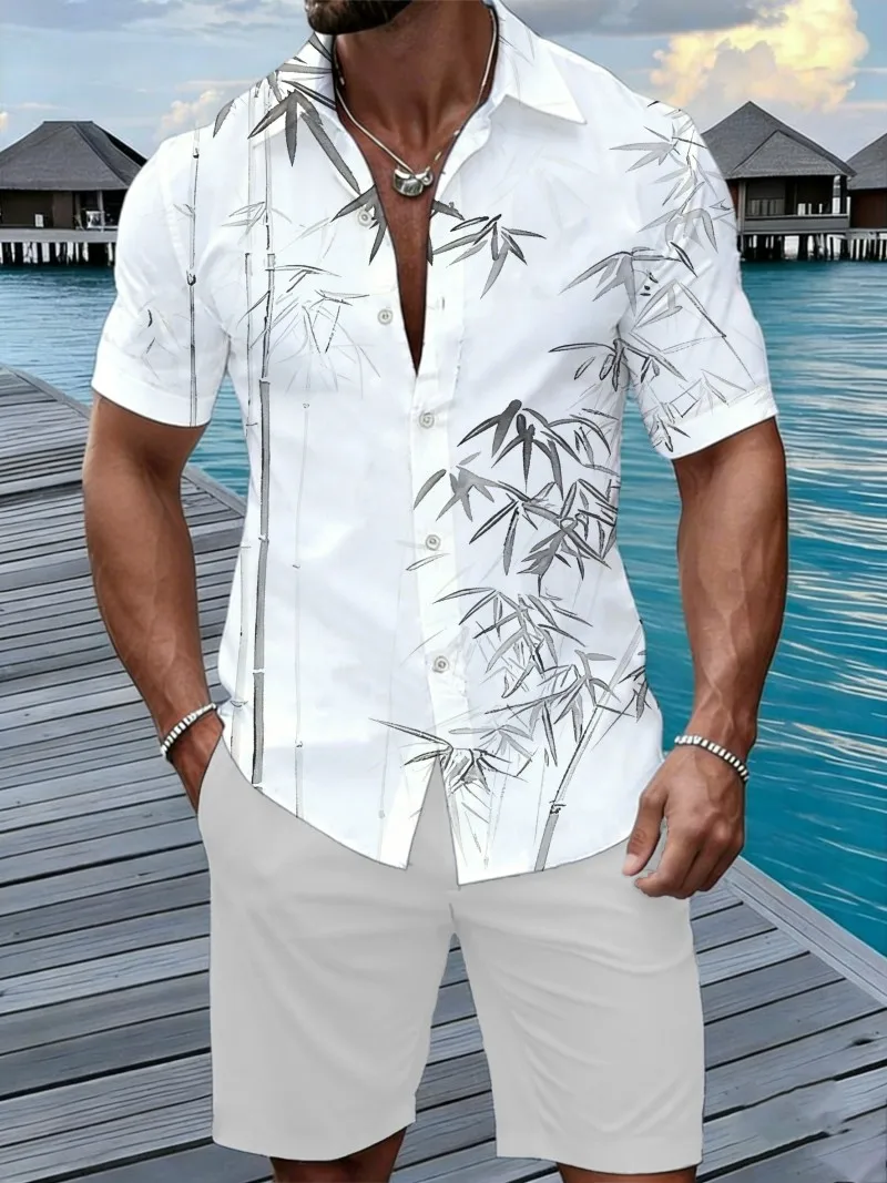 

Summer Men's Casual Oriental Bamboo Print Shirt Ink Wash Short Sleeve Button Up Beach Vacation Top
