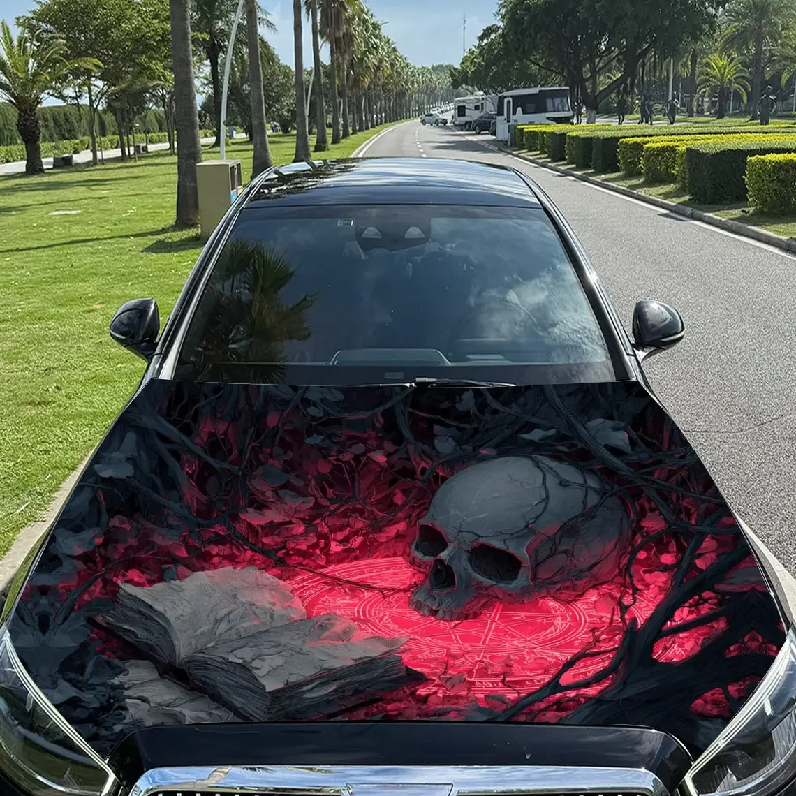 Dark - Style Skull and Magic Book Car Vinyl Wrap, PVC Material Waterproof Car Hood Sticker, Self-Adhesive Scratch-Resistant Stic