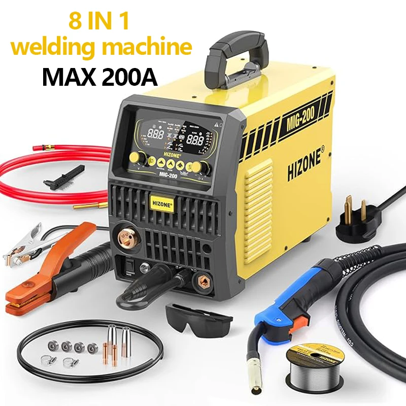 

HIZONE 8 in1 Aluminum MIG Welding Machine 200A 2T 4T Gas Gasless MIG/Spot/STick/Lift TIG IGBT Inverter Semi-Automatic Welder
