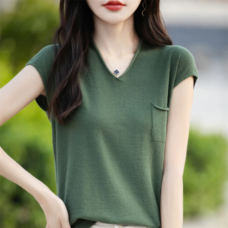 Women\'s T-shirts Summer New 100% Cotton Short Sleeve Casual Solid Color Knit Blouse V-neck Tops Pocket Loose Pullover Tees