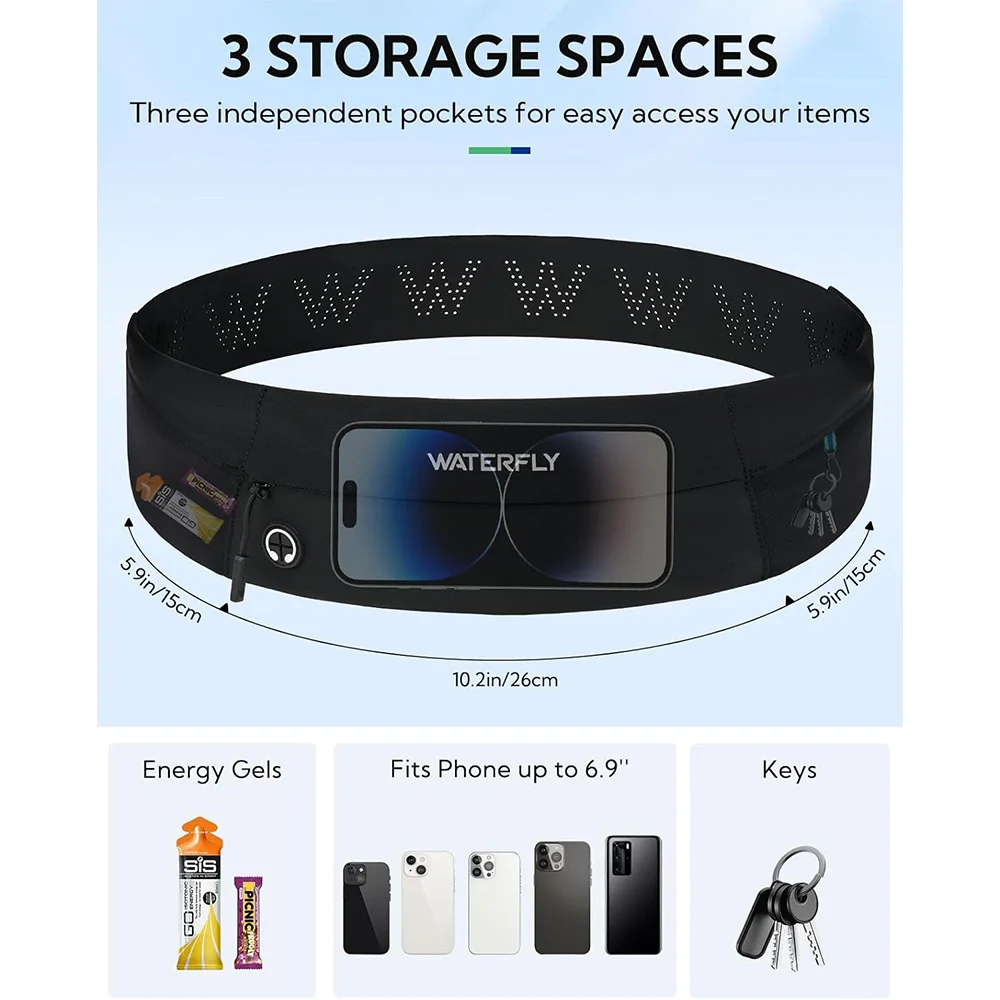 WATERFLY Running Belt Fanny Pack: Slim Waist Bag for Men Women, Workout Fitness Phone Holder for Exercise Marathon Jogging-Black