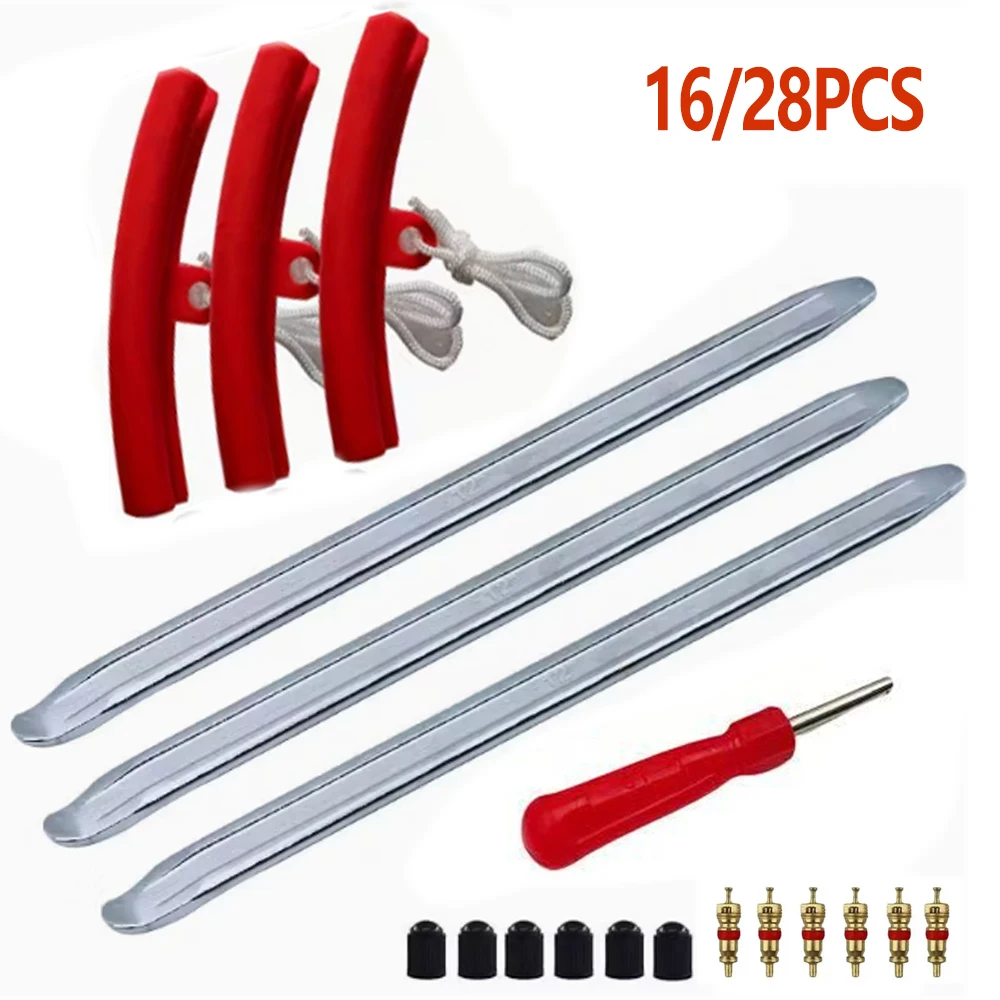 16/28Pcs Tire Repair Tool Set with Steel Tire Irons Pry Bars Levers and Valve Stem Tools for Motorcycle and Car Maintenance