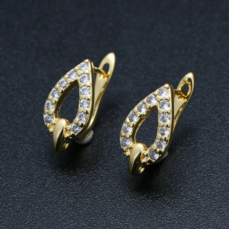 Earring Making Suppliers Nickel Free Silver Gold Plated CZ Setting Hollow Water Drop Pear Ear Hooks for Women Hoop Earring