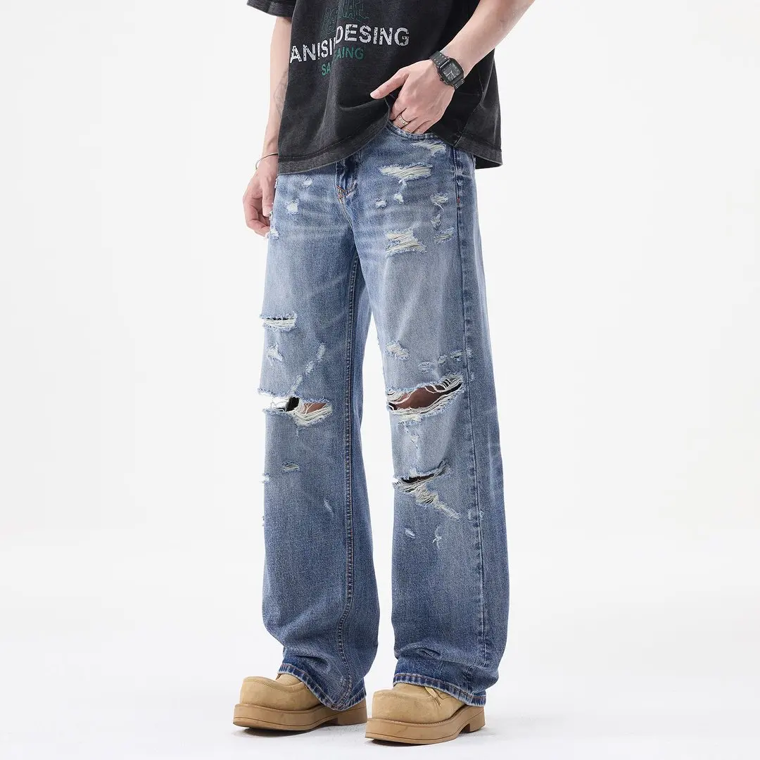 Broken Hole Ripped Jeans Men Streetwear Fashion Hip Hop Loose Casual Baggy Jeans Pant Denim Beggar Jeans Pants Trousers