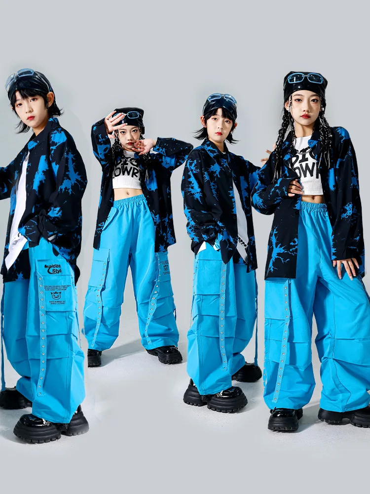 Jungen K-pop Street Dance Sets Tie-dye Hemd Cargo Hosen Mädchen Hip Hop Blau Jogger Kinder Kleidung Kinder jazz Streetwear