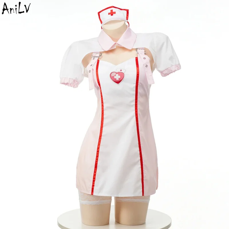 AniLV Anime Sweet Lovely Nurse Uniform Cosplay Women Buckle Adjustable Shoulder Strap Dress Costumes