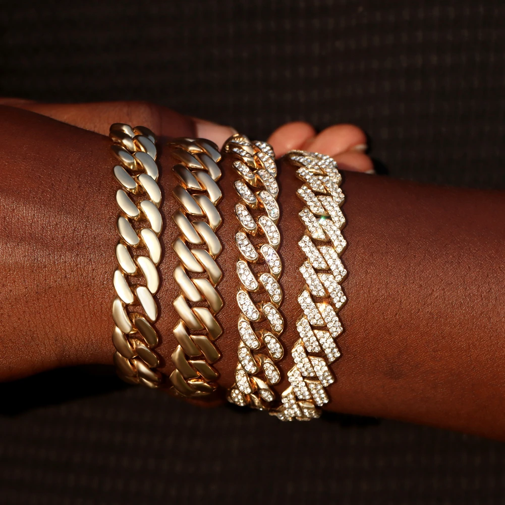 Cuban Link Bracelet for Men Women Bling Iced Out Rhinestone Paved Miami Metal Hand Chain Hip Hop Jewelry Gifts Wholesale