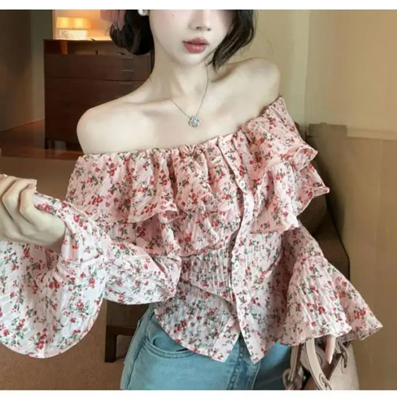 Unique Korean Style One Shoulder Floral Shirt Women's Spring Autumn Pure Desire Exposure Shoulder Small Top Beautiful Pink Shirt