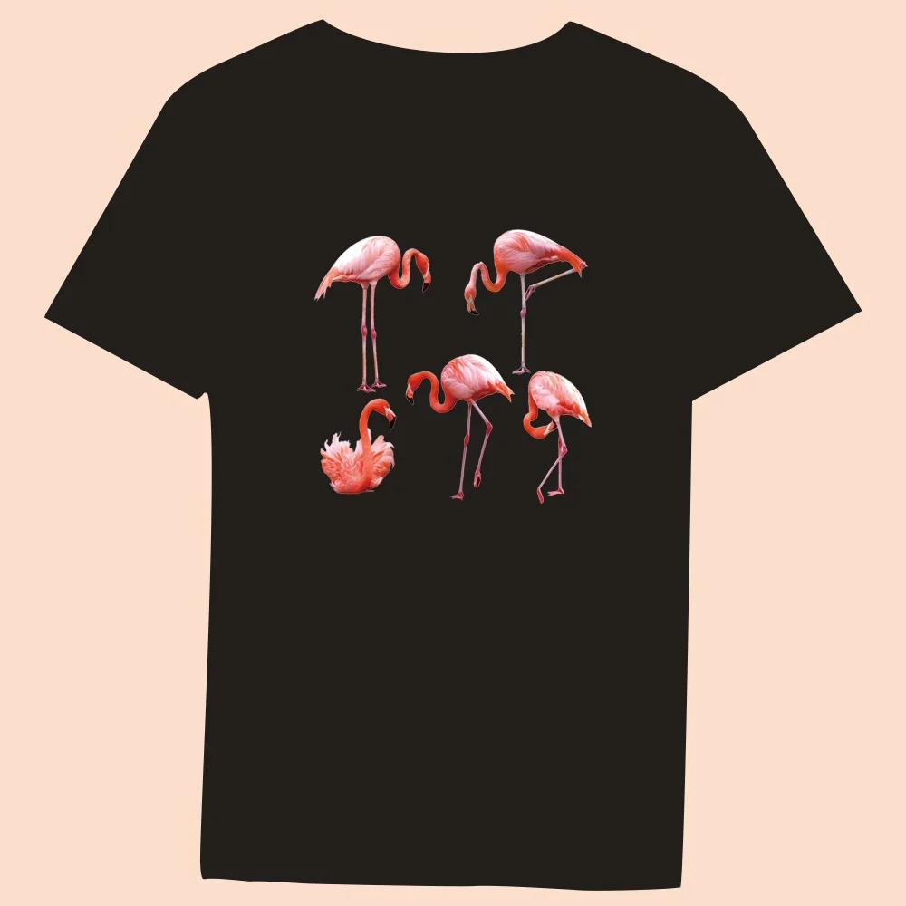 Women's Black T-Shirt Casual Top Clothes Round Neck Flamingo Print Series Ladies Casual Slim Soft Commuter Short Sleeve Clothing