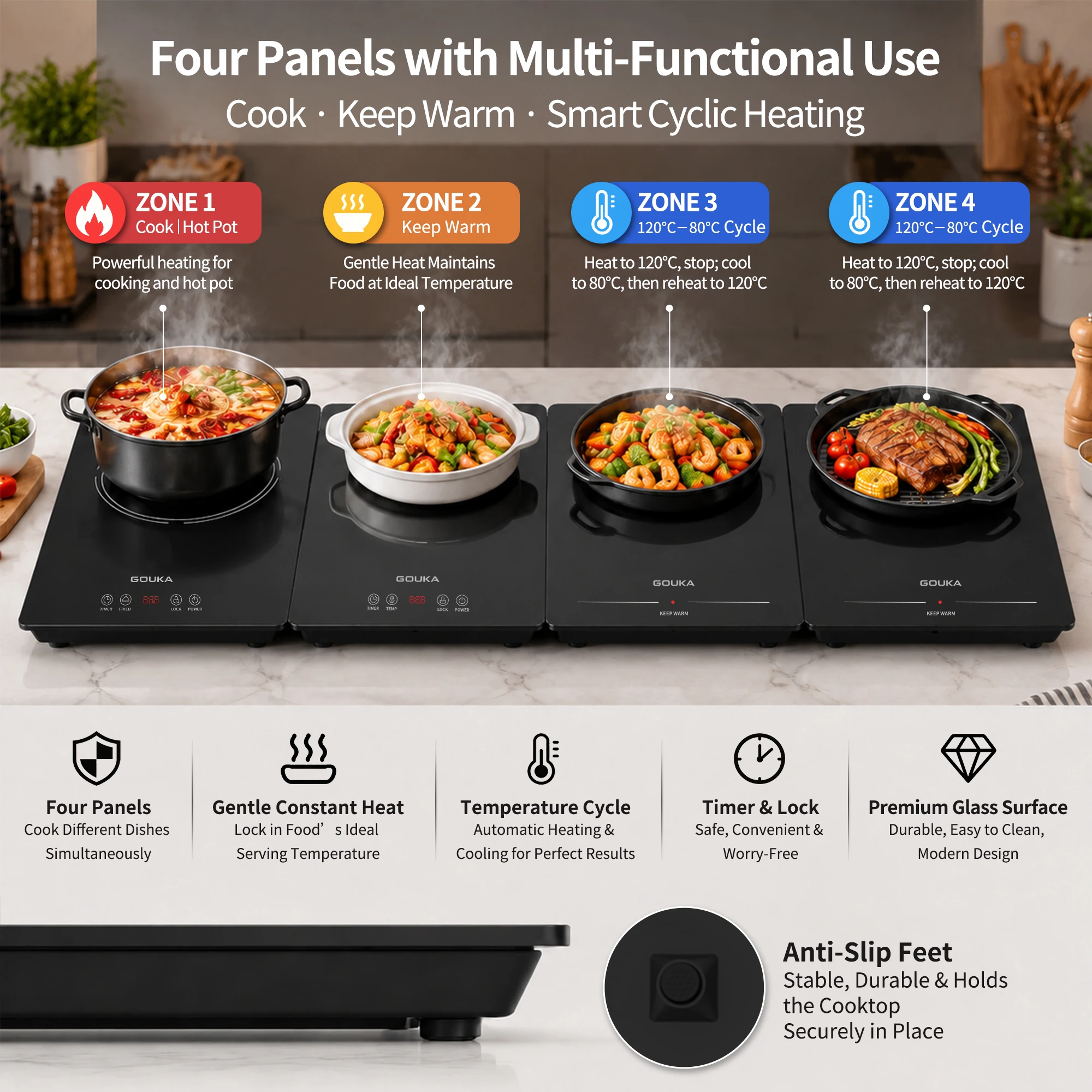 Electric Warming Tray with 700W Hot Pot Zone, 4-Panel Modular Design, Adjustable Temperature, Timer and Automatic Warming