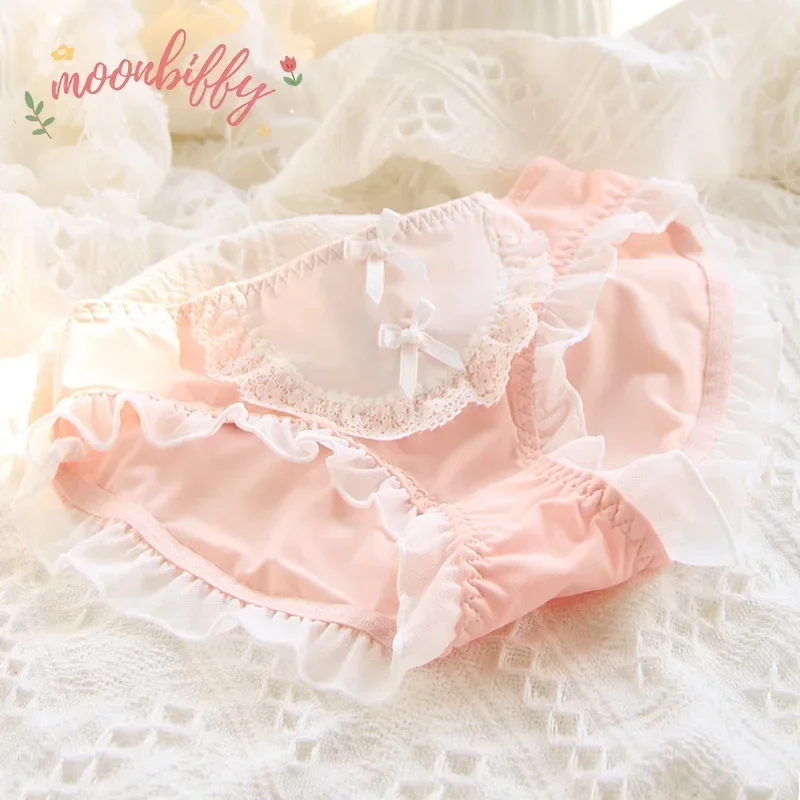 Lolita Lace Underwear Ice Silk Mid Waist Brief Underwear Japanese Cute Sweet Female Underpants Cotton Crotch Intimates Lingerie