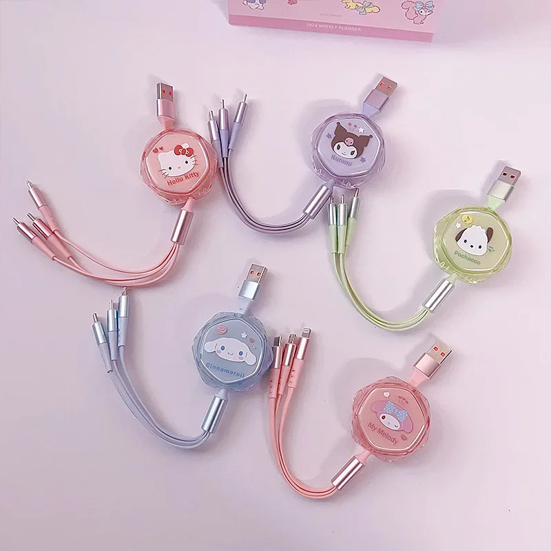 Sanrio Hello Kitty 3 in1 Data Cable Telescopic for Apple Type-c Android Charging Cable Anime Digital Accessories Usb Data Cable