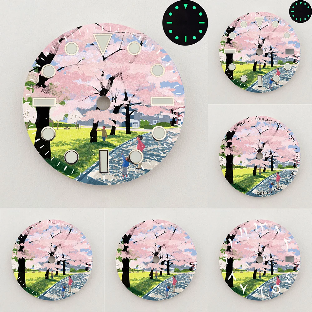 28.5mm NH35 Dial Creative Cherry Blossom Scenery Dial Luminous Dial Colorful NH36 Dial Watch Accessories Fits NH35/NH36 Movement