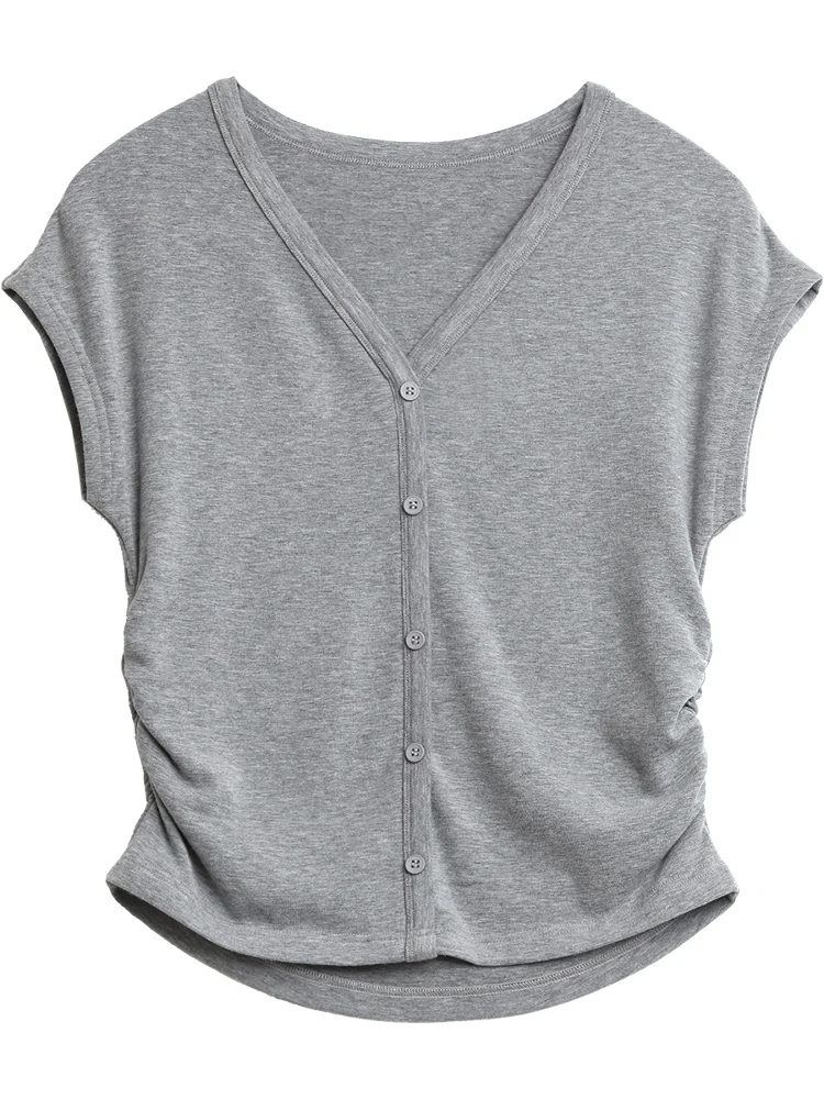 CHIC VENผู้หญิงเสื้อสเวตเตอร์ถักใหม่เกาหลีจีบเอวVคอสั้นเสื้อยืดถักหญิงฤดูร้อน 2025