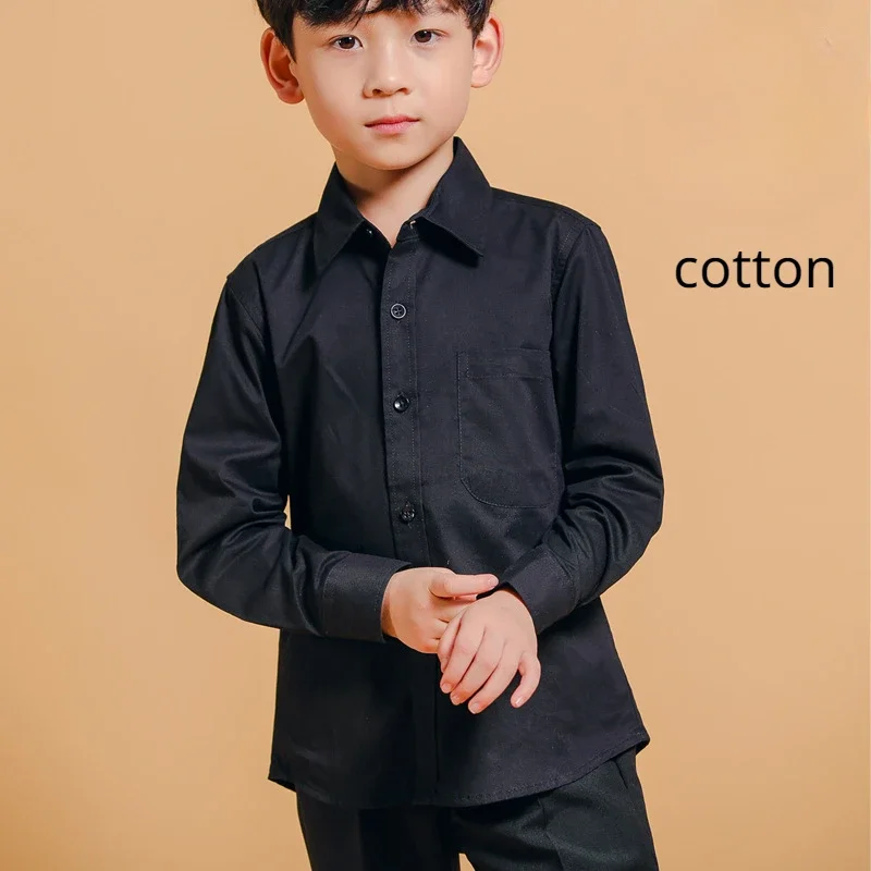 Camisa de manga comprida de algodão para meninos e meninas, blusa infantil, uniforme escolar, preta, primavera, outono