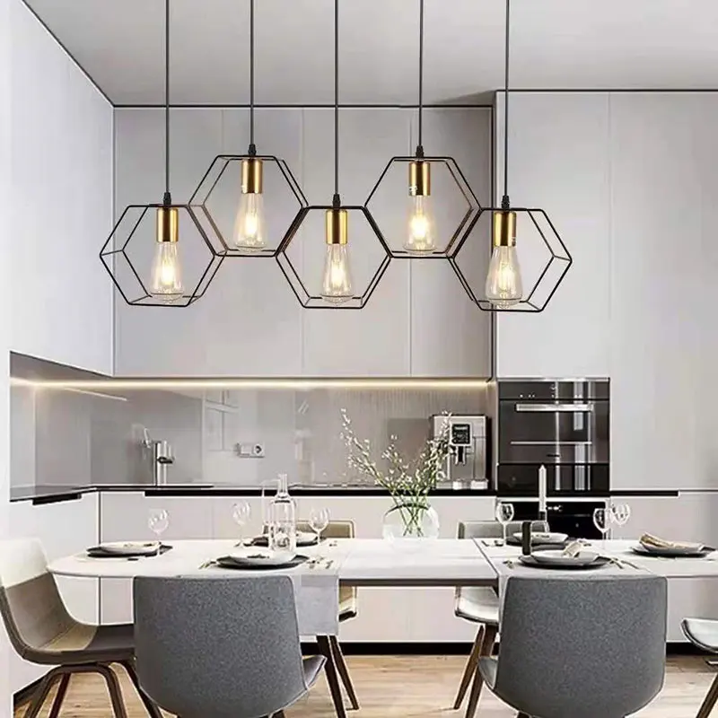 

Modern LED Chandelier Hanging E27 Lamp Geometric Metal Frame Lamp Suitable For Restaurant Creative Light Above the Table Bedroom