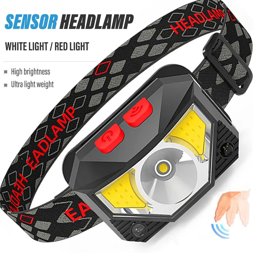 Rechargeable LED Headlamp Sensor Headlight With COB and LED Beads 8 Lighting Modes White and Red Light Fishing Light