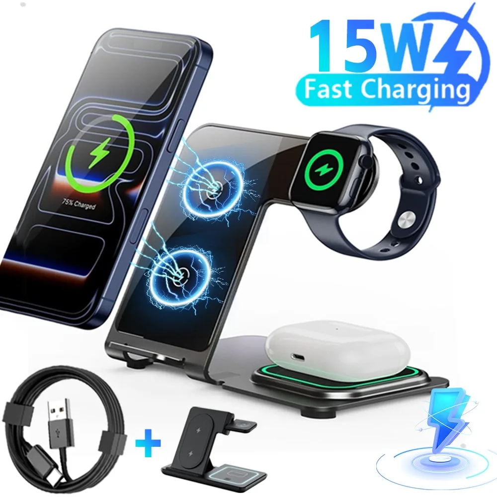 

3в1 15 Вт светодиодная подставка для быстрого беспроводного зарядного устройства, складная зарядная станция, кабель для передачи данных для IPhone 17 Apple Watch 11 Airpods Pro Samsung