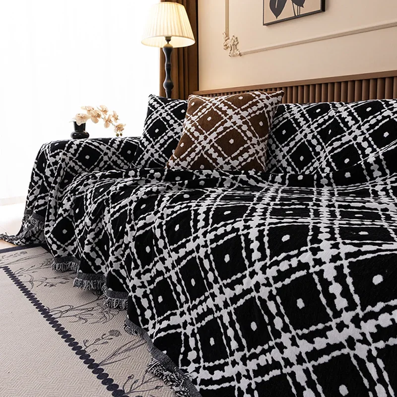 Luxury Checkered Printed Sofa Towel Dustroof Furniture Protection Slipcover for All Seasons Easy-Care Full Cover Knee Blankets