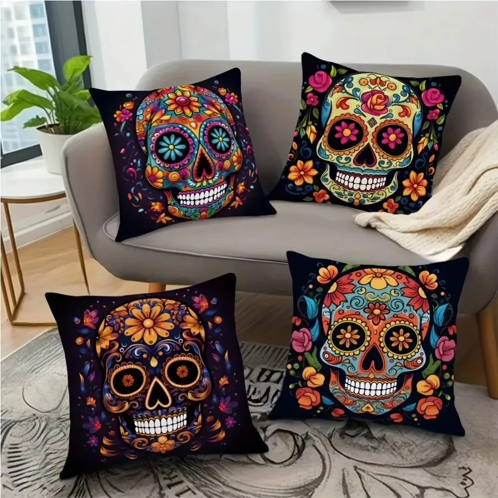 Spooky Halloween Pillow Covers Colorful Sugar Skull Printed Cushion Cases, Pillow Cover for Sofa Living Room Backrest Cushion