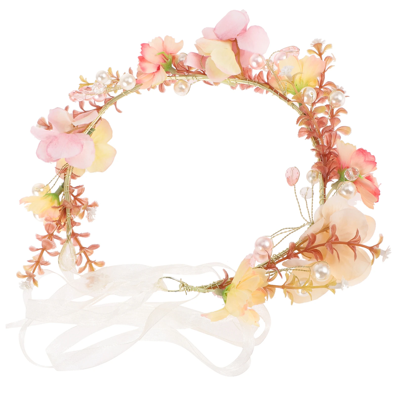

Flower Pearl Bridal Headband Ribbon Wedding Hair Decoration Flower Crown for Girls Princess Birthday Bride Headband