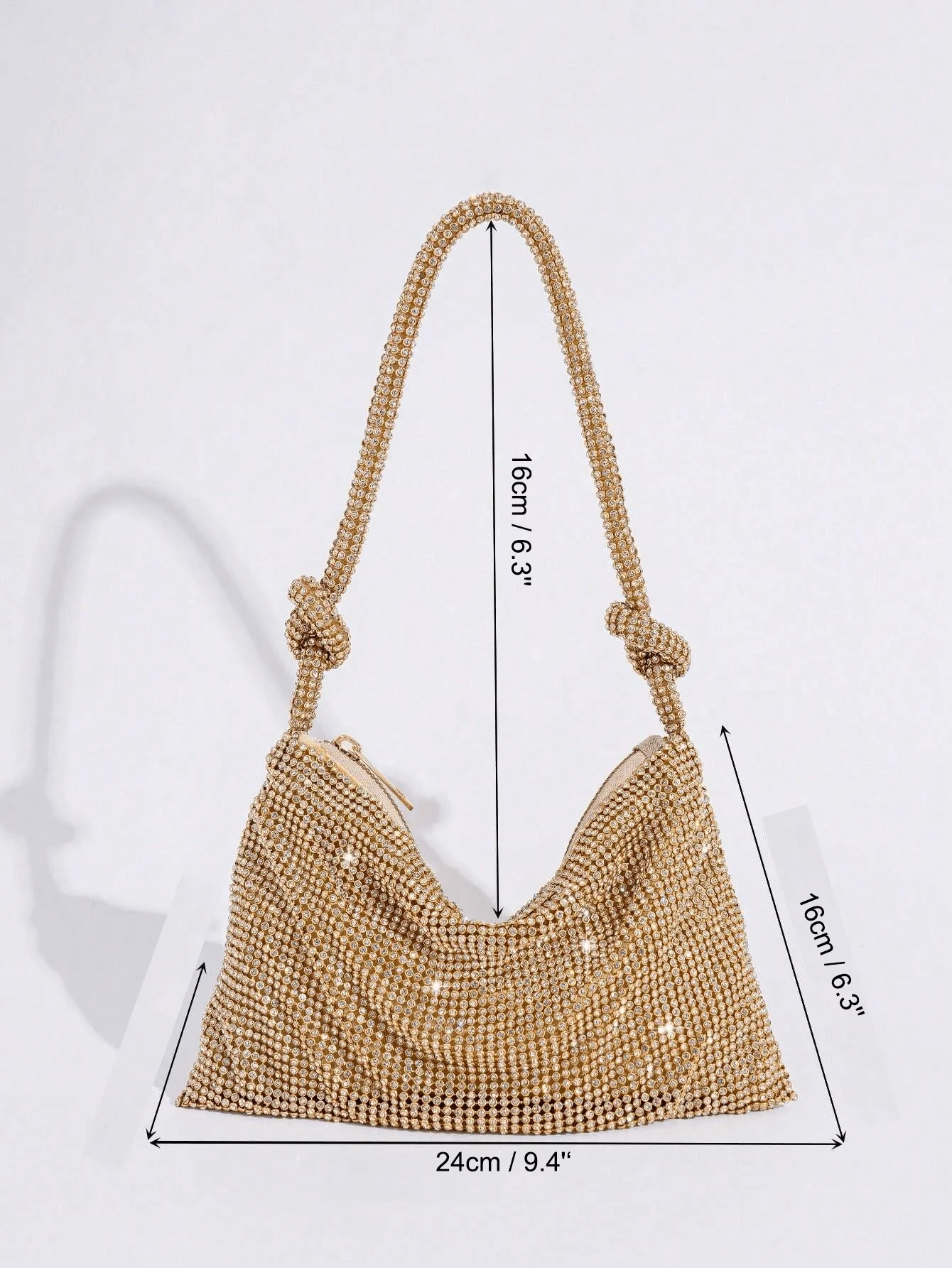 

Glamorous Gold Rhinestone Hobo Bag With Knot Handles, Mini Evening Clutch For Bridal Party, Dinner And Festive Occasions