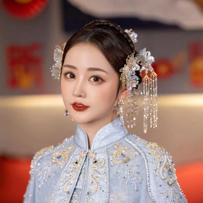 Chinese Xiuhe Dress Blue  Headdress Bride Phoenix  Hairpin Set Wedding Clothing Accessories