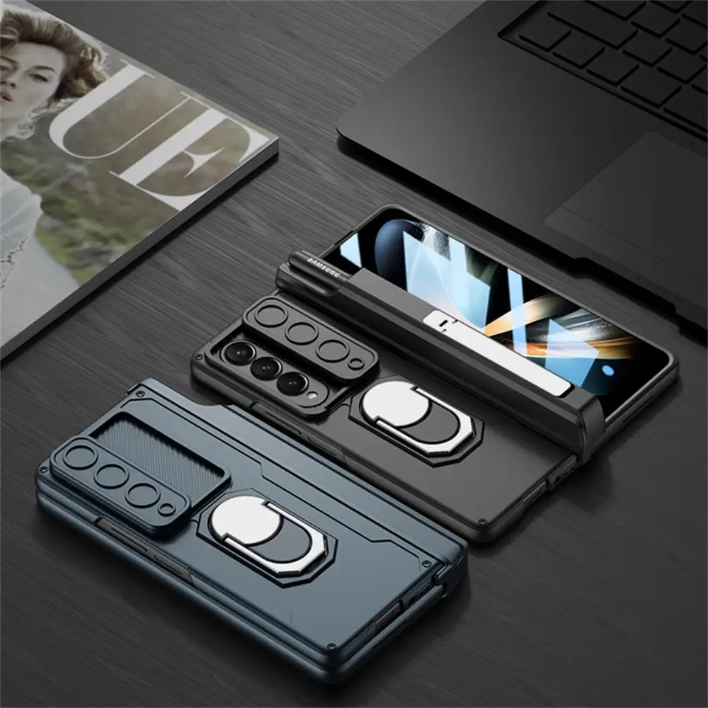 For Samsung Galaxy Z Fold 4 5G Case Magnetic Hinge Slide Lens Finger Bracket Pen Slot Holder Shockproof Cover With Tempered Film