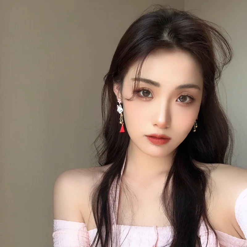 Chinese Style Fox Mask Folding Fan Asymmetrical Long Tassel Earrings For Women Girls Cherry Blossom Ear Hook Christmas Jewelry