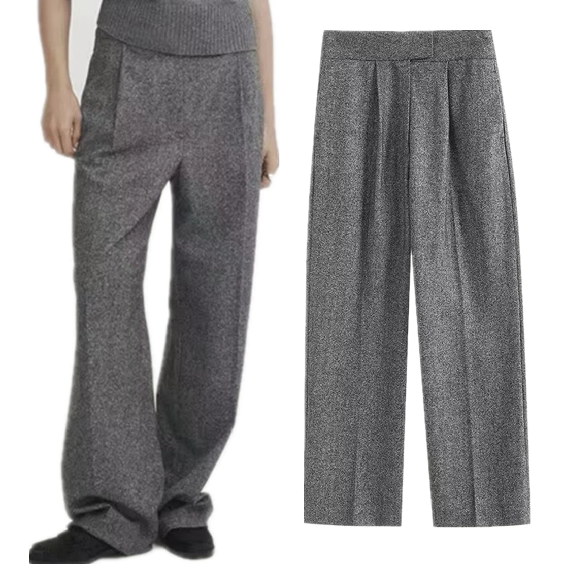 

Dave&Di Autumn And Winter Wool Blend High Pants Fashionable Casual Women's Waisted Straight Loose Pants Trousers