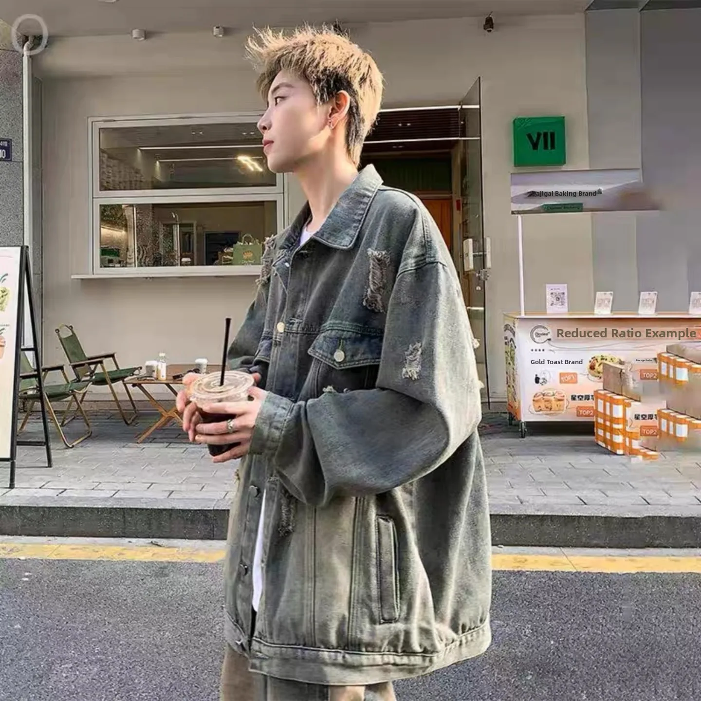 

Retro Waed Men's Denim Jaet Spring Autumn Workwear Sle Worn Hole American High-End Feeling Casual Loose Fit Jaet