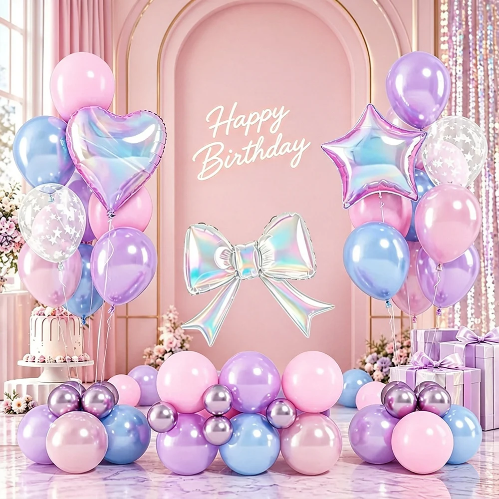 55pcs Iridescent Blue Purple Pink Balloons with Bow Star Heart for Baby Shower Girls Princess Mermaid Birthday Party Decorations