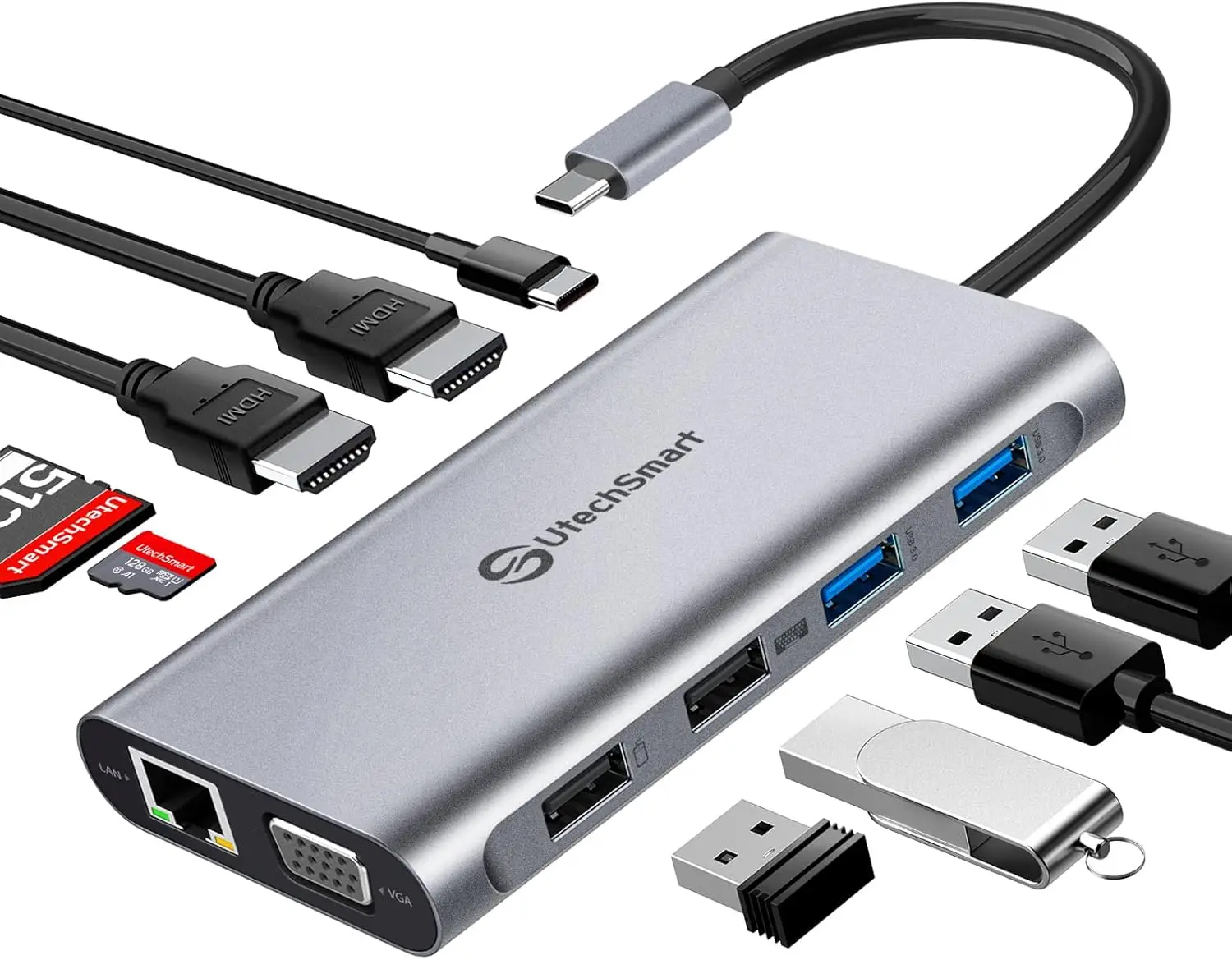 

Многофункциональная док-станция USB-C 11-в-1 с поддержкой трех дисплеев, 2x HDMI, Ethernet, VGA, зарядкой PD для ноутбуков