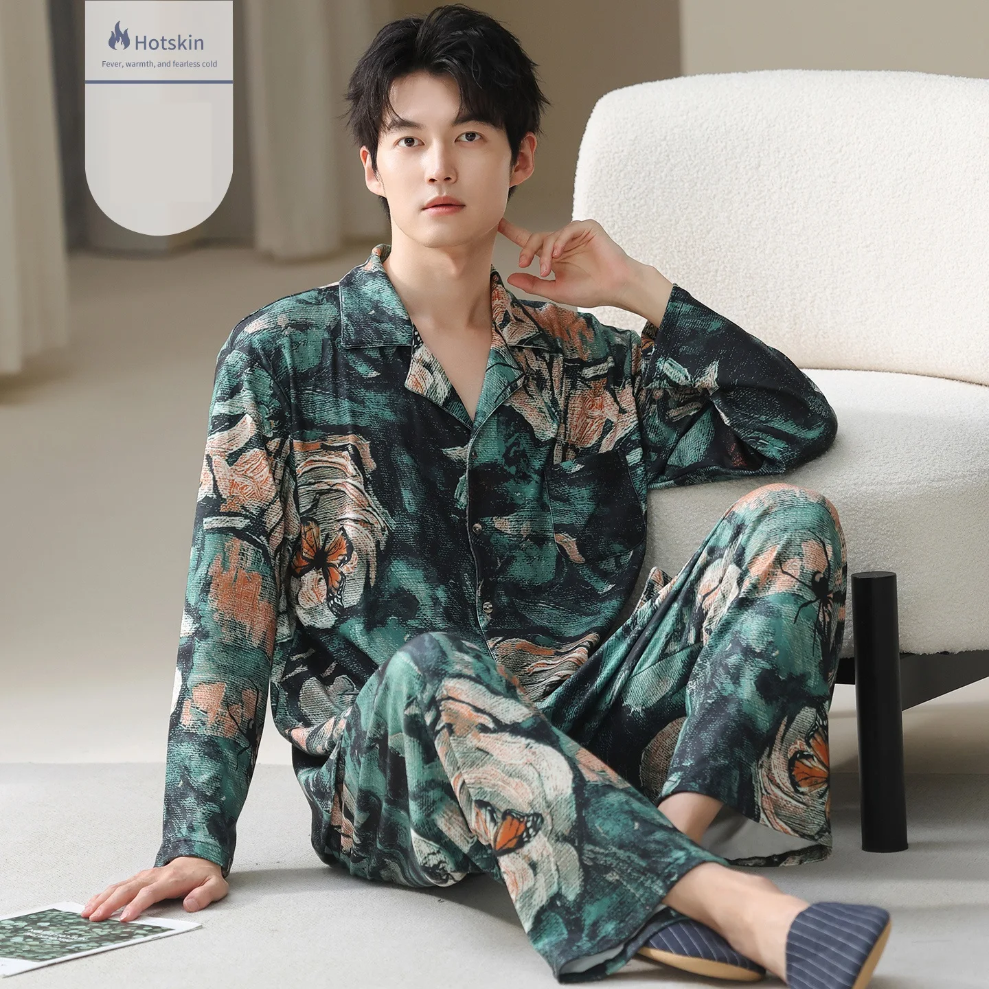 

Autumn Pajamas Set Male Thin Velvet Warm Sleepwear Home Clothing Long Sleeves Cardigan Tops + Long Pants Leisure Pyjamas Suit