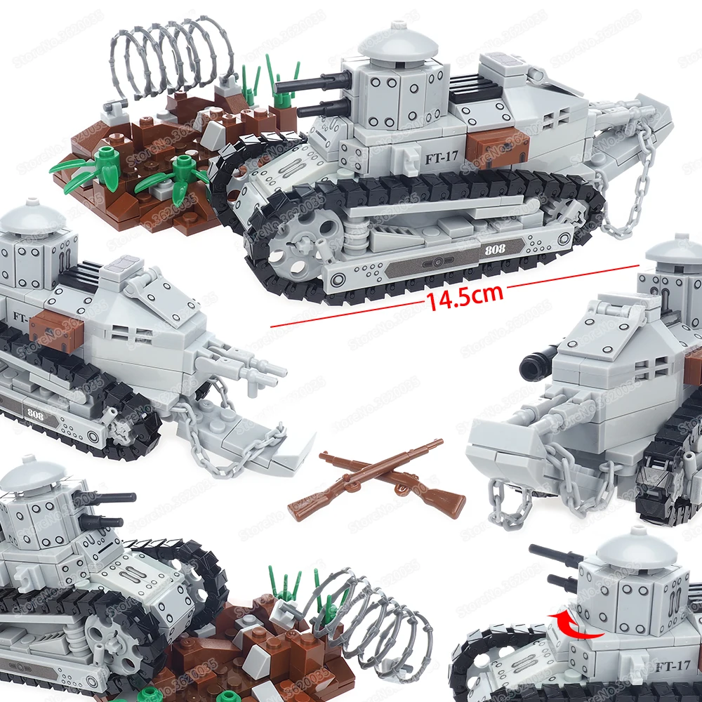 Military Ground Combat FT-17 Light Tank Building Block WW2 Figures War Assault Rotating Turret Weapons Model Child Gift Boy Toys